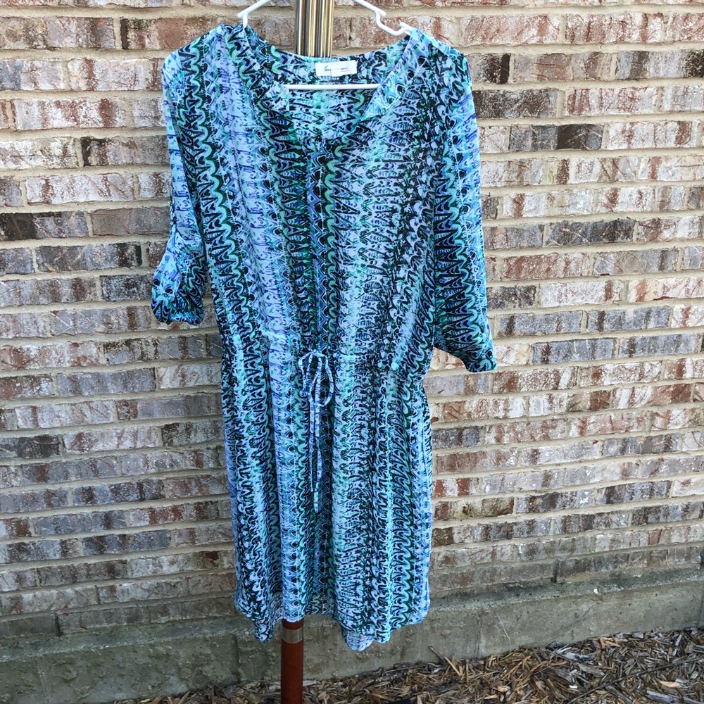 Vince Camuto sheer dress blue green front tie